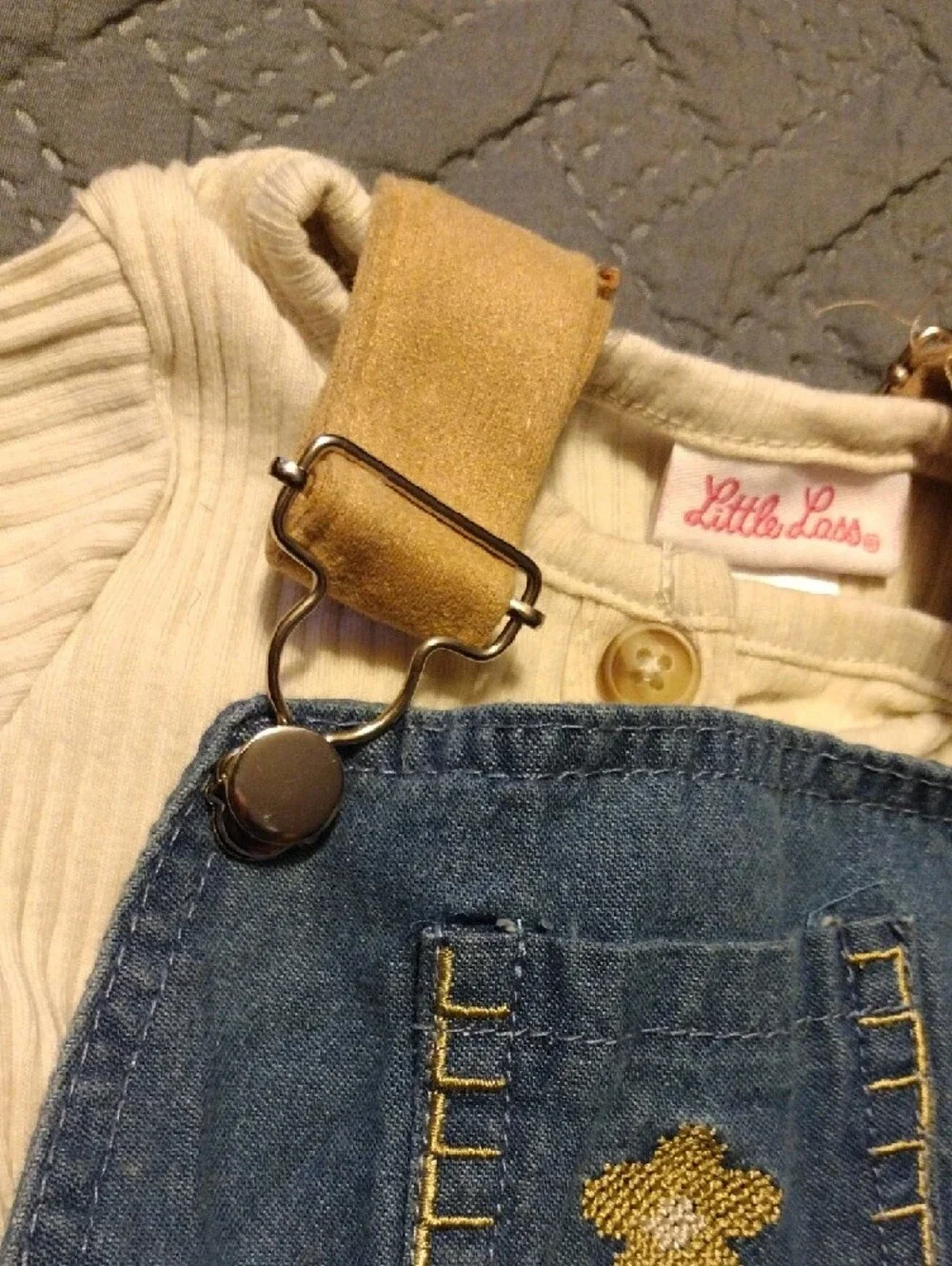 Denim Ruffle Overall Dress with Cream Ribbed Top - Picture 4 of 11
